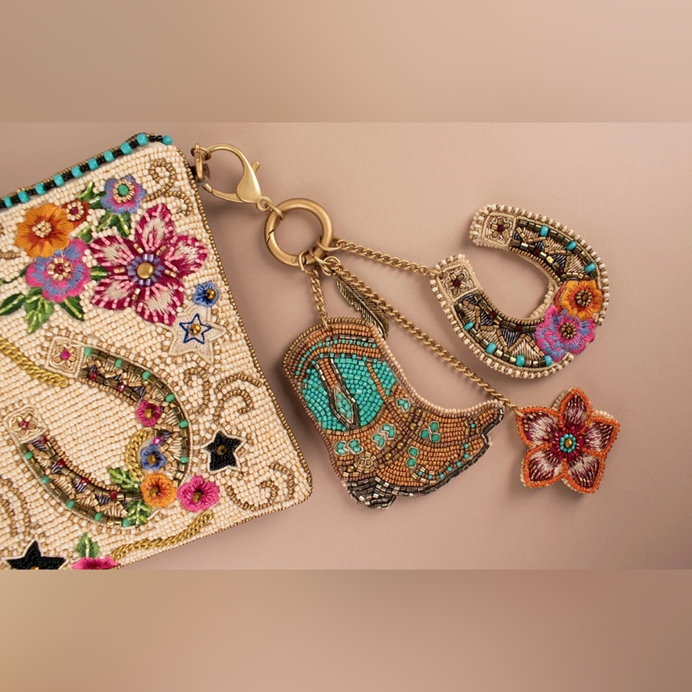 Mary Frances Beaded Turquoise & Gold Cowboy Boot Keychain Charm - Picture 3 of 4